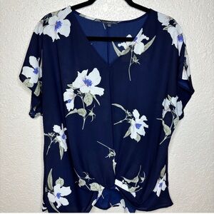 West Kei Navy Blue White Floral Short Sleeve V-Neck Summer Top Women's Size XL